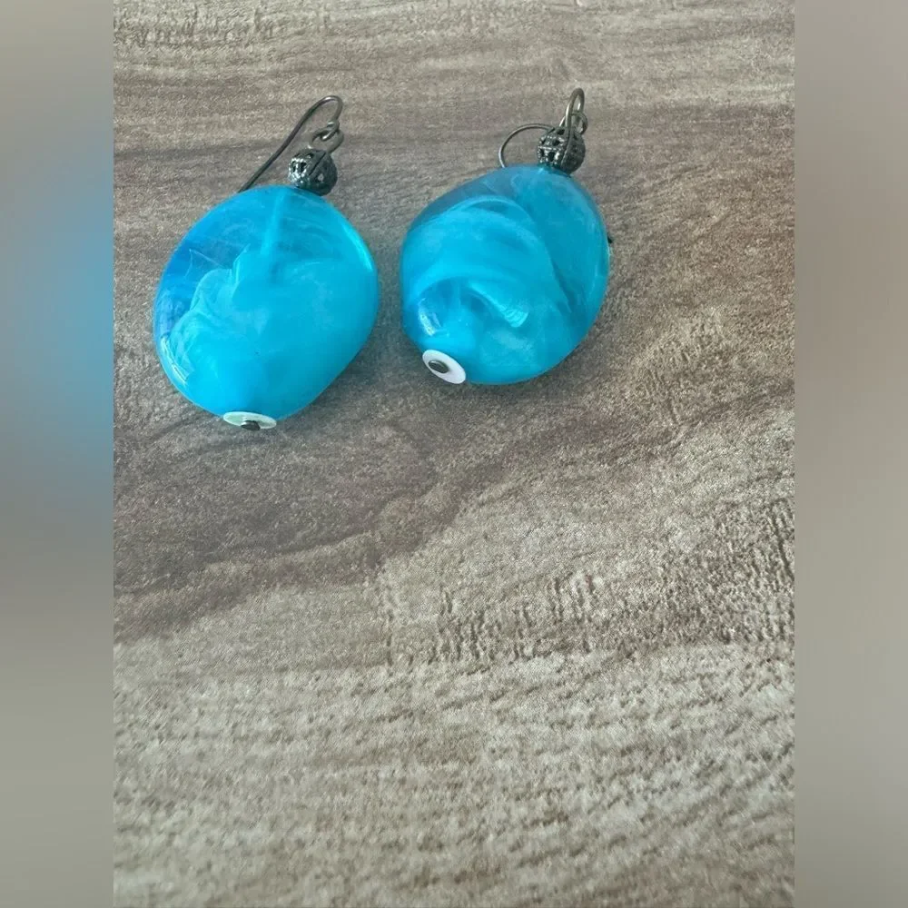 Vintage Dangle Drop Earrings Ocean Blue Wave Oval Glass Crystal 70s Modern Bold